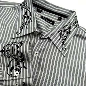 7 DIAMONDS Men's XXL Gray White Stripe Button Up Shirt Embroidered Collar Cuffs